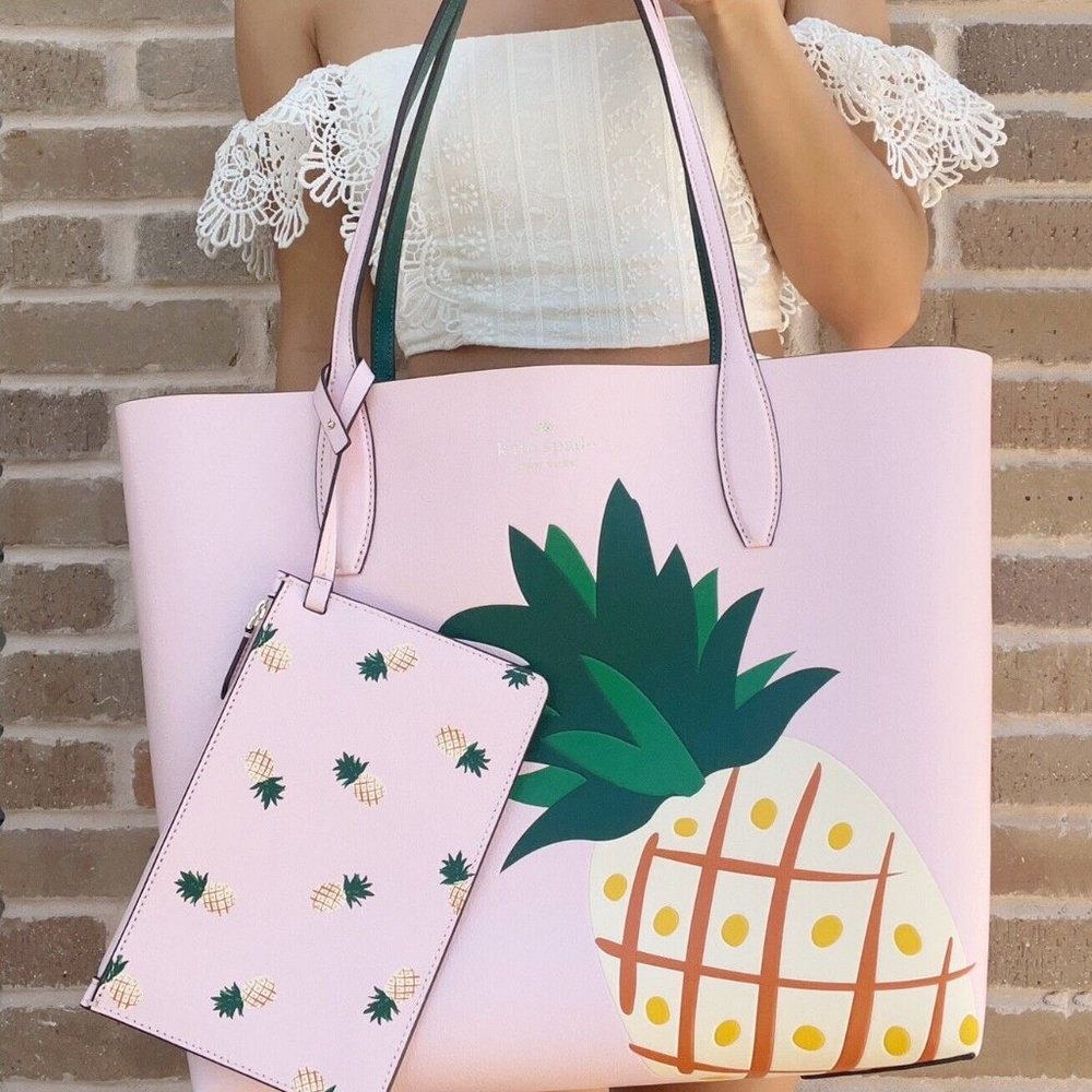 Kate Spade Colada Large Pineapple Printed Reversible Tote Pink Green + Pouch - Picture 3 of 5